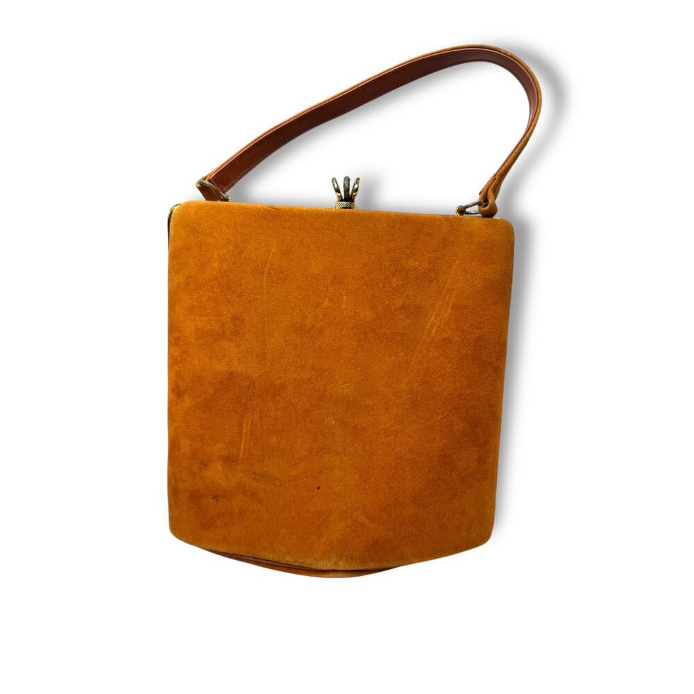 Vintage 1950s Melbourne Bags Camel Brown Suede Handbag Handle